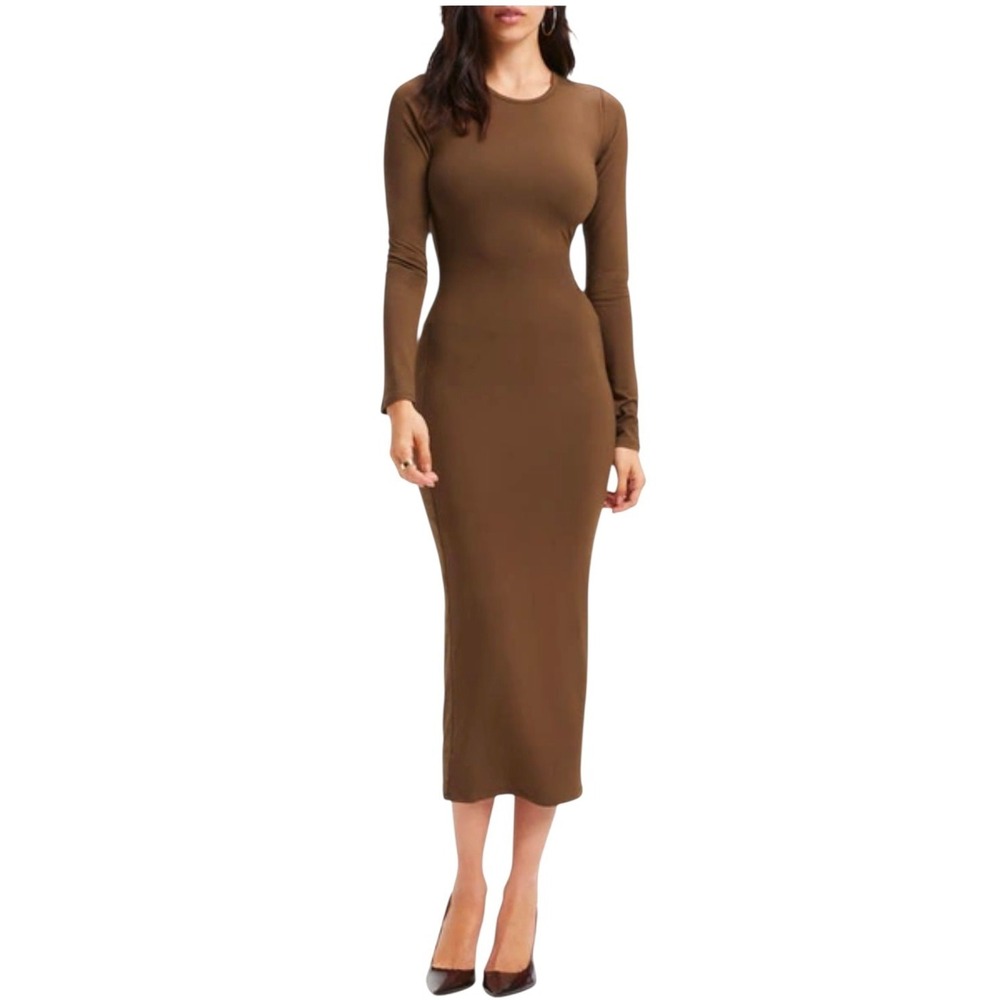 Good American Size 1 Womens Dark Kahki Green Shine Compression Long Sleeve Dress